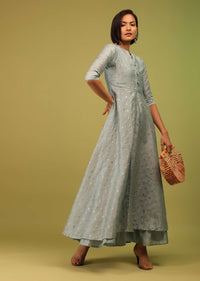 Powder Blue Festive A-Line Kurta In Chanderi Silk With Foil Print Embellishment Online - RE By Kalki