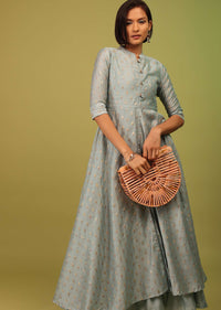 Powder Blue Festive A-Line Kurta In Chanderi Silk With Foil Print Embellishment Online - RE By Kalki