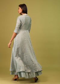 Powder Blue Festive A-Line Kurta In Chanderi Silk With Foil Print Embellishment Online - RE By Kalki