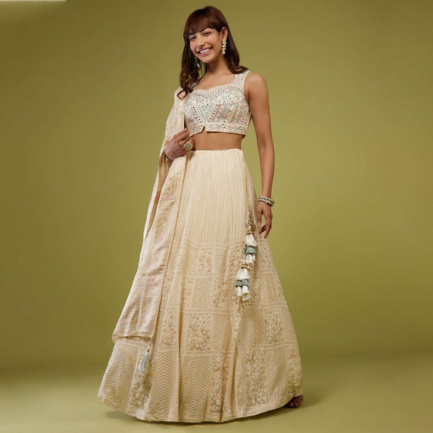 Cream White Lucknowi Lehenga Set In Georgette