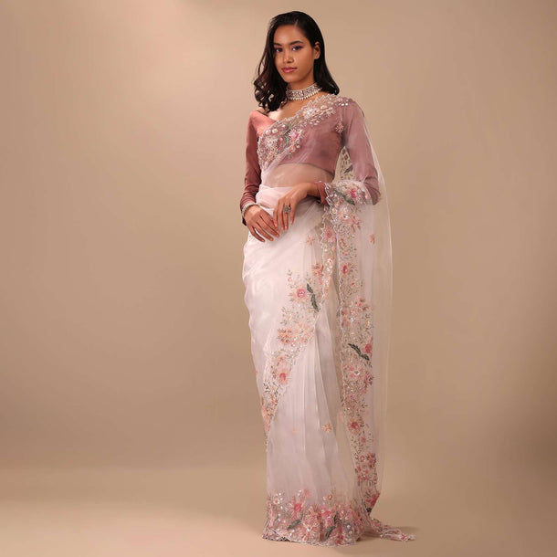 Daisy Dancer White Saree In Organza With 3D Floral Embroidery