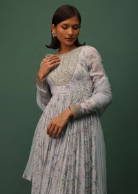 Cloud Grey Embroidered Anarkali In Georgette With Floral Print