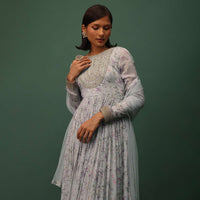 Cloud Grey Embroidered Anarkali In Georgette With Floral Print