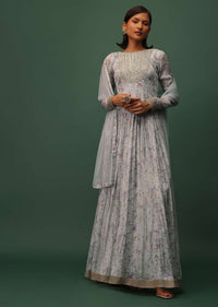 Cloud Grey Embroidered Anarkali In Georgette With Floral Print