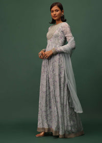 Cloud Grey Embroidered Anarkali In Georgette With Floral Print