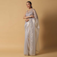 Cloud Grey Foil Saree In Tissue With Cut Dana Embroidered Borders