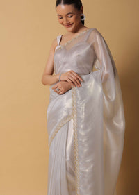 Cloud Grey Foil Saree In Tissue With Cut Dana Embroidered Borders