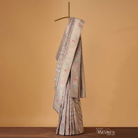 Cloud Grey Handloom Banarasi Saree In Katan Silk With 3-Gram Real Zari Weave And Unstitched Blouse