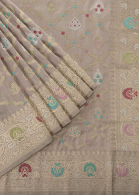 Cloud Grey Handloom Banarasi Saree In Katan Silk With 3-Gram Real Zari Weave And Unstitched Blouse