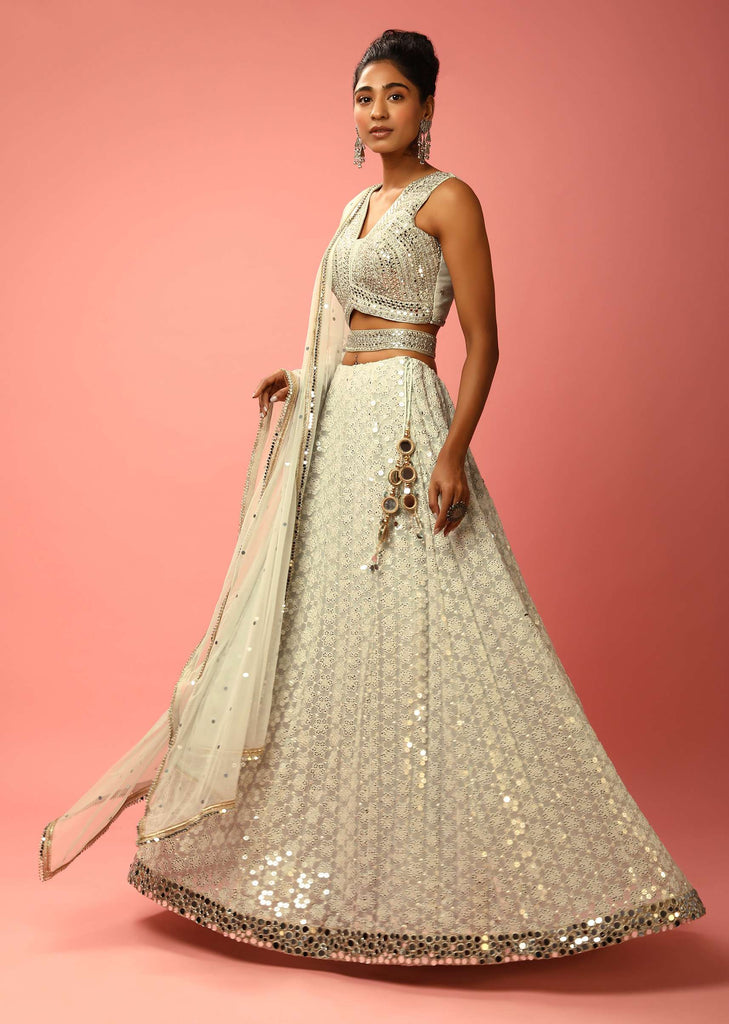 Cloud Grey Lehenga Choli In Georgette With Sequins Embroidered Jaal And Mirror Border