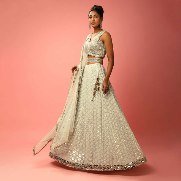 Cloud Grey Lehenga Choli In Georgette With Sequins Embroidered Jaal And Mirror Border
