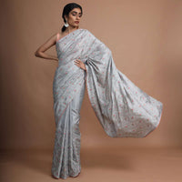 Cloud Grey Saree In Dola Silk With Colorful Thread Embroidered Floral Buttis And Zari Mesh Online - Kalki Fashion