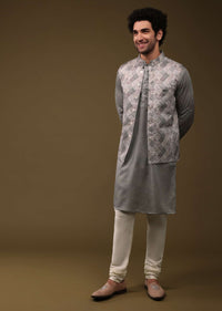 Cloud Grey Silk Jacket Kurta Set With Print Pattern