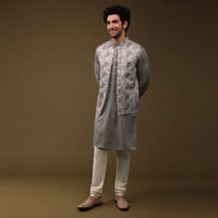 Cloud Grey Silk Jacket Kurta Set With Print Pattern
