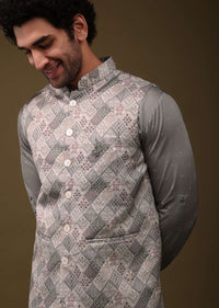 Cloud Grey Silk Jacket Kurta Set With Print Pattern
