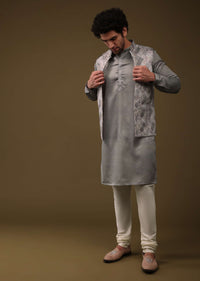 Cloud Grey Silk Jacket Kurta Set With Print Pattern