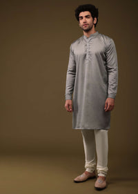 Cloud Grey Silk Jacket Kurta Set With Print Pattern