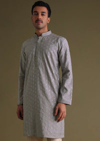 Cloud Grey Thread-Embroidered Festive Kurta Set In Silk With Motif Work