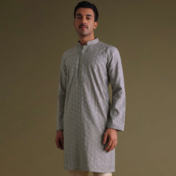 Cloud Grey Thread-Embroidered Festive Kurta Set In Silk With Motif Work