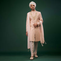 Cream Pink Embroidered Sherwani Set In Raw Silk