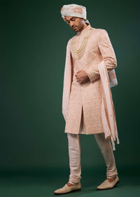 Cream Pink Embroidered Sherwani Set In Raw Silk