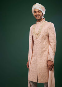 Cream Pink Embroidered Sherwani Set In Raw Silk