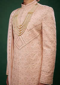 Cream Pink Embroidered Sherwani Set In Raw Silk