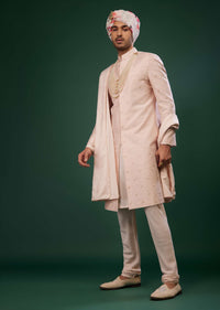 Candy Pink Thread Embroidered Sherwani Set In Raw Silk