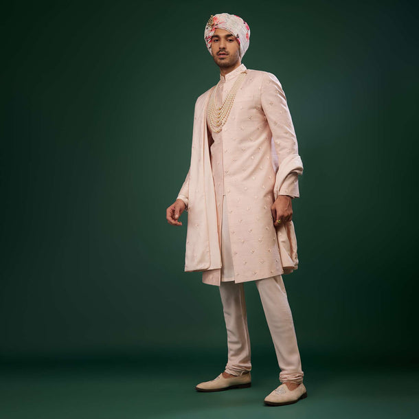 Candy Pink Thread Embroidered Sherwani Set In Raw Silk