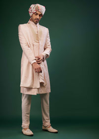 Candy Pink Thread Embroidered Sherwani Set In Raw Silk