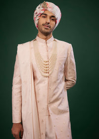 Candy Pink Thread Embroidered Sherwani Set In Raw Silk