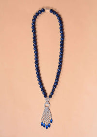 Cobalt Blue Beads Necklace With Stone Studded Pendant In Geometric Motif Online - Kalki Fashion