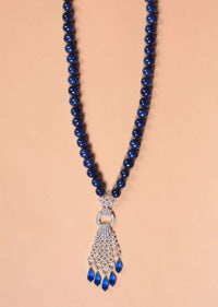 Cobalt Blue Beads Necklace With Stone Studded Pendant In Geometric Motif Online - Kalki Fashion