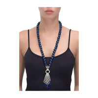 Cobalt Blue Beads Necklace With Stone Studded Pendant In Geometric Motif Online - Kalki Fashion