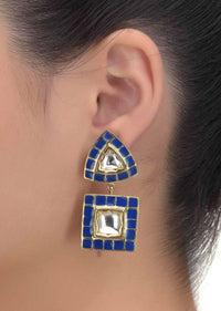 Cobalt Blue Geometric Dangling Earrings With Kundan And Mina Work Online - Kalki Fashion