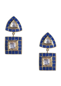 Cobalt Blue Geometric Dangling Earrings With Kundan And Mina Work Online - Kalki Fashion