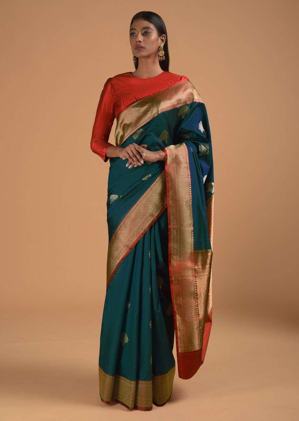 Cobalt Blue Pure Handloom Saree In Silk With Woven Tree Buttis And Red Border Online - Kalki Fashion