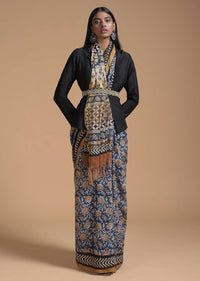 Cobalt Blue Saree In Cotton With Batik Printed Floral Jaal Design