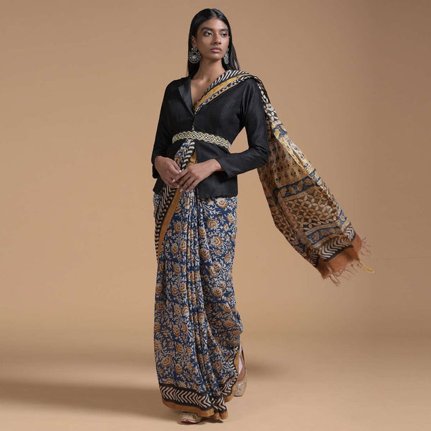 Cobalt Blue Saree In Cotton With Batik Printed Floral Jaal Design