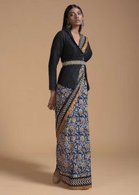 Cobalt Blue Saree In Cotton With Batik Printed Floral Jaal Design