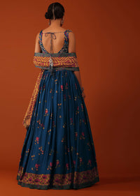 Cobalt Blue Embroidered Lehenga And Blouse Set In Satin