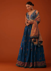 Cobalt Blue Embroidered Lehenga And Blouse Set In Satin