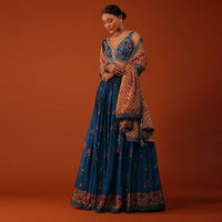 Cobalt Blue Embroidered Lehenga And Blouse Set In Satin