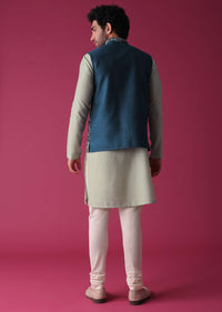 Cobalt Blue Jacket Kurta Set In Silk With Threadwork And Sequins