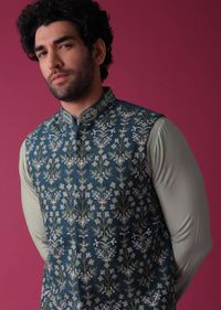 Cobalt Blue Jacket Kurta Set In Silk With Threadwork And Sequins