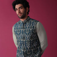 Cobalt Blue Jacket Kurta Set In Silk With Threadwork And Sequins