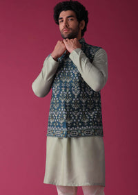 Cobalt Blue Jacket Kurta Set In Silk With Threadwork And Sequins