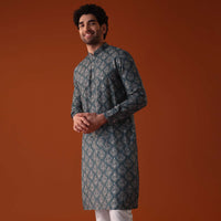 Cobalt Blue Kurta Set In Silk With Sequins Work