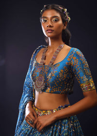 Cobalt Blue Lehenga Choli With Patola Print And Bird Motifs On The Border