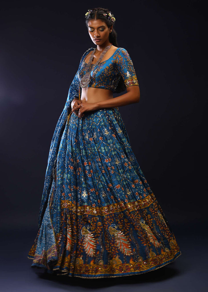 Cobalt Blue Lehenga Choli With Patola Print And Bird Motifs On The Border